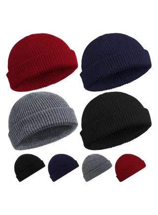 4 Pieces Trawler Beanie Watch Hat Roll up Edge Skullcap Fisherman Beanie 