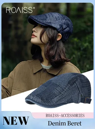 Adjustable Denim Newsboy Caps for Men Women Vintage Beret Flat Cap Cotton Hat Driving Fishing Peaked Hat Dark Blue One Size 