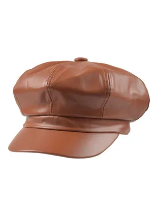 Women Vintage Faux Leather Solid Color Outdoor Beret Painter Flat Hat Peaked Cap Light Coffee 
