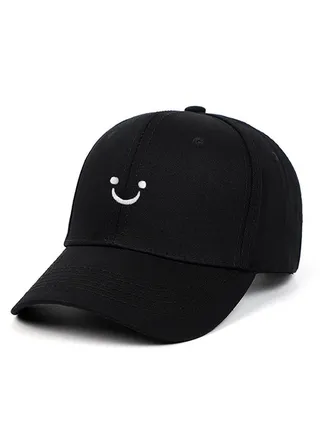 Smiley Face Cotton Baseball Cap Adjustable Low Profile Unstructured Dad Hat for Women Men Versatile Washed with Ponytail Hole High Messy Black 