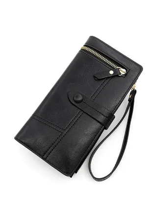 Fashion Hasp Ladies Soft PU Leather Clutch for Women Long Wallet Phone Zipper Bag Card Holder for Shopping Money Bag with Strap 19.5*10*2.5cm 