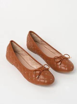Quilted Pattern Bow Detail Ballerina Tan 