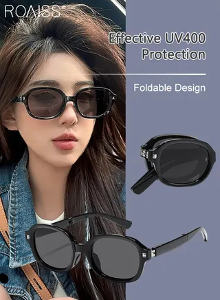 Polarized Oval Sunglasses for Men Women, UV400 Protection Sun Glasses with Foldable Design, Fashion Anti-glare Sun Shades for Shopping Party Travel with Glasses Case, 52mm, Black 