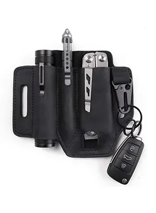 Multitool Sheath for Belt, Leather EDC Pocket Organizer for Men, Leather Man Sheath with Pen Holder, Key Fob Flashlight Sheath Flashlight Multitool Knives Pen EDC Leather Pouch Black 