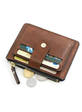Leather Card Holder Wallet With Zipper Brown 