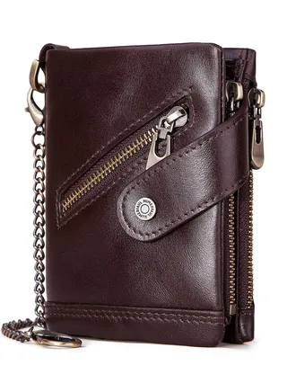 Mens Chain Wallets with Anti-Theft Chain Chain Genuine Leather RFID Blocking Bifold Wallets with Many Card Slots Zipper Coin Pocket and ID Window Antimagnetic Anti-theft Brush Brown 