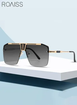 Men's Semi-Rimless Big Square Sunglasses, UV400 Protection Glasses, Gold Fashion Glasses for Travel, Shopping, Party, Photo Shoot, 64mm, Black Grey Lens 