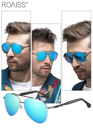 Men's Aviator Polarized Sunglasses, UV400 Protection Sun Glasses with Bamboo Pattern Decoration, Fashion Anti-Glare Sun Shades for Men Driving, Fishing, Traveling, Silver Blue, 55mm 