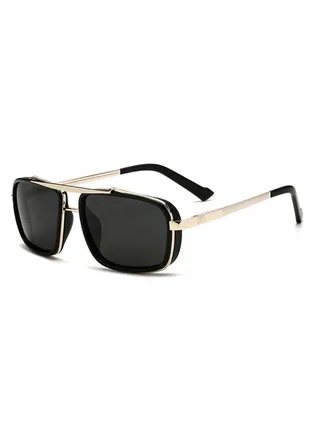 Men's Rectangular Sunglasses Polarized Lenses UV400 Protection Aluminum Magnesium Alloy Arms with Glasses Case for Shopping Driving Riding Trekking (Golden Black) 