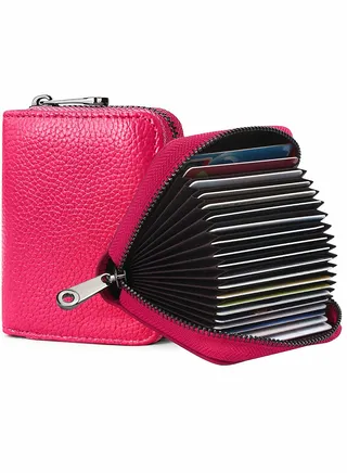 Credit Card Holder Wallet, Rose Red Card Cases, RFID 20 Card Slots Credit Card Holder Genuine Leather Small Card Case, Accordion Wallet with Zipper for Women Men, Wallets Card Cases Money Organizers 