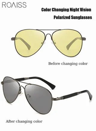 Polarized Aviator Sunglasses UV400 Protection Sun Glasses with Metal Frame Color Changing Night Driving Glasses Suitable for Driving Fishing Golfing Travelling 
