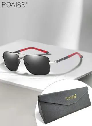 Men's Polarized Rectangular Sunglasses, UV400 Protection Sun Glasses with Metal Frame, Fashion Anti-Glare Sunglasses for Men Driving, Fishing, Traveling, Black Silver, 65mm 