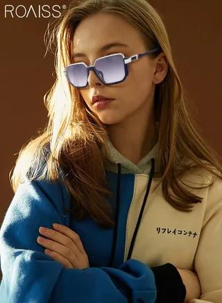 Semi-Frame Square Sunglasses for Men Women, UV400 Protection Sun Glasses with Blue Silver Alloy Frame, Fashion Anti-Glare Sun Shades for Driving, Fishing, Traveling, Gradient Grey Lens 