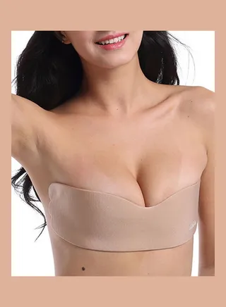 Women Push Up Backless Strapless Adhesive Nipple Cover Silicone Invisible Bra Apricot 