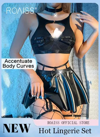 Shiny Faux Leather Lingerie Set for Women with Garter Ladies Underwire Push up Bra and Short Skirt Underwear Suit with Fishnet Stocking and Chain Decor Adults Comfy and Breathable Lace Teddy Bodysuit 
