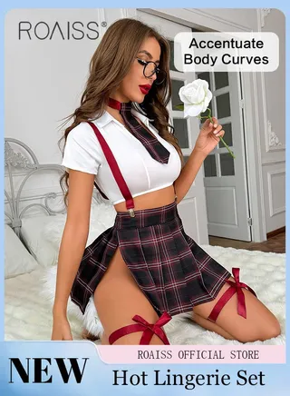 Tartan Lingerie Set with Tie for Women Girls Naughty College Style Cosplay Uniform Costume Comfy and Soft Ladies Cute Waistless Top and Strappy Plaid Skirt Sets 