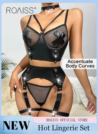 3 Pieces Underwire Lingerie Set for Women with Fishnet Insert Garter Ladies Mesh Yarn Leather Stitching Spaghetti Strap Underwear Suit Comfy and Breathable Slim Fit Suspender Bodysuit 
