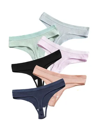 Zeemey 6-Piece Cotton Seamless Sports Thongs, Comfy Low Waist Letter Print Thong Intimates Panties 