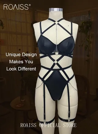 Patent Ring Detail Harness Garter Lingerie Set Strappy Underwear Metal Chain Leather One Piece Bodysuit Gift for Ladies Wife Girlfriend 