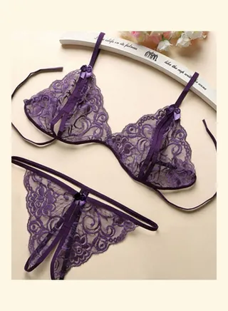 Women Fashion Babydoll Sleepwear Underwear Bra G-string Open Crotch Gift Bra+knickers--purple 