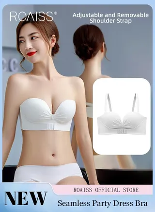 Women's Strapless Non Slip Bra Gathered Strapless Dress Bra Front Opening And Closing Design With Shoulder Strap Invisible Bra 