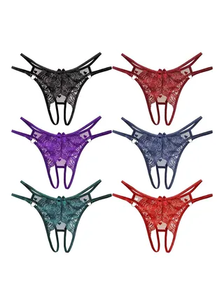 Zeemey 6 Pack Womens Charming Floral Lace Breathable Stretch G-String Thongs Panties Underwear Low Rise T-Back Underpants with Cute Bow Center 