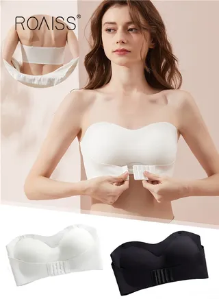 2Pcs Women's Strapless Tube Top Underwear Without Steel Ring Push Up Bra Black/White 