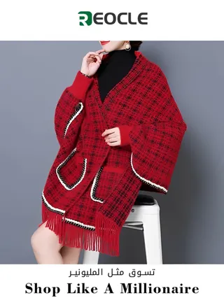 Imitation Plaid Scarf Shawl Mink Cape Shawl Sweater Coat Tassel Women's Autumn and Winter New Style Outer Knitted Cardigan With Pockets 