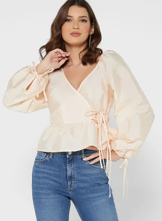 V-Neck Tie Detail Peplum Top
