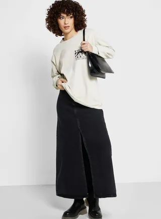 High Waist Denim Maxi Skirt