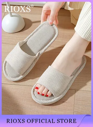 Unisex Striped Cotton Open Toe Slippers Men Women Anti-Slip Flat Sandal Slippers For Home Or Outdoor Use 