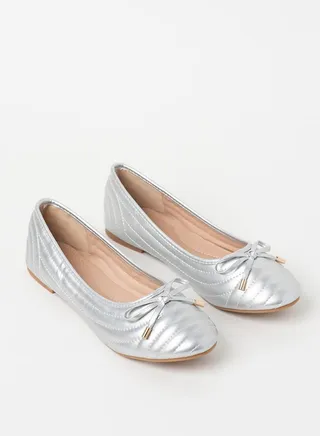 Quilted Pattern Bow Detail Ballerina Silver 