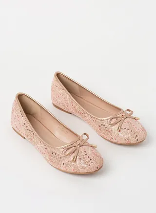 Sequin Embroidered Bow Detail Ballerina Rose Gold 
