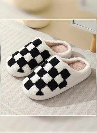 Checkerboard Lattice Design Bedroom Slippers for Women Men Couple Plush Fuzzy Cozy House Slippers Autumn and Winter Warm Indoor Outdoor Lightweight Soft Flat Slides Black+White 