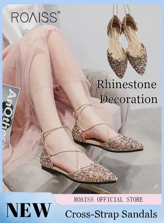 Stylish Rhinestone Cross Strap Sandals Pointed Toe Flat Single Shoes Versatile for Women Ideal for Parties Weddings and Everyday Wear 