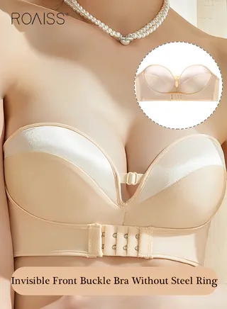 Women's Strapless Bra With Detachable And Adjustable Shoulder Straps Gift Dress Invisible Low Cut Gathered Vest 3D Invisible Front Buckle Underwear 