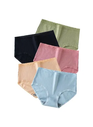 Zeemey 5-Piece Cotton Bikini Breathable Panties Low Waist Fashionable Ladies Charming Thick Bottom 