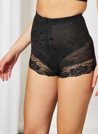 Lace Detail Front Zip Panty Shaper Black 