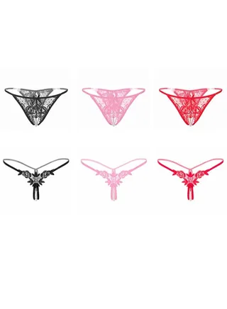 Zeemey 6 Pack Women’s Charming Panties,Lace Thongs G-String with Pearls Ball 