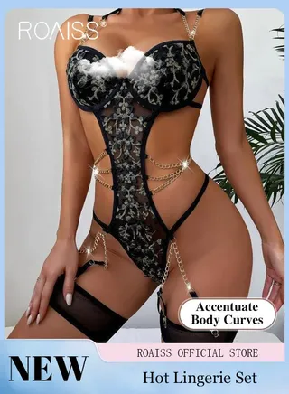 3 Point Style Lace Embroidered Underwear Set for Women with Underwire and Leg Rings Ladies One Piece Hollow Straps Lingerie Suit with Chain Decor 