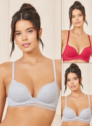 Pack of 2 - Cotton Padded Non Wired Burnout Elastic Trim Ribbed Plunge Bra 