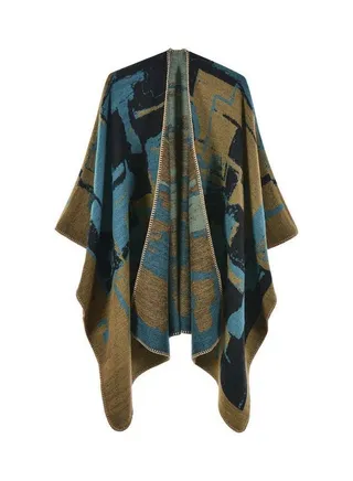 Doodle Patterned Shawl Blue/Green/Yellow 