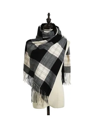 Knitting Tassels Checkered Scarf Black/White/Grey 