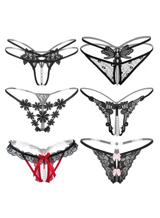 Zeemey 6 Pack Women’s Charming Panties,Lace Thongs G-String with Pearls Ball and Cute Bow Center 