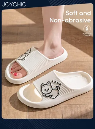 Lovely Cartoon Cat Pattern Spring and Summer Non-slip Wear Resistant Home Bathroom Quick-drying and Breathable Slippers with High Resilience for Women White 