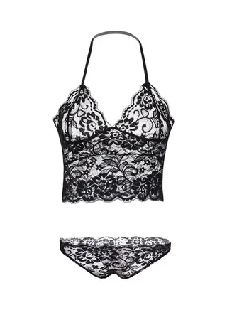Lace Three Point Sleepwear Lingerie Set Black 