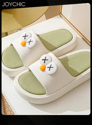New Style Big Eyes Cartoon Pattern Bedroom Slipper Non-slip Breathable Quick- Drying Bathroom Slippers for Women Green+White 