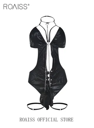 Women's Underwear Women's Patent Leather Hollow Underwear Chain Decorated with Lace Elements 