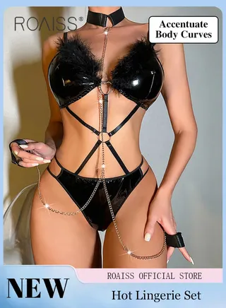 Women's Underwear Women's Patent Leather Hollow Underwear Chain Decorated with Lace Elements 