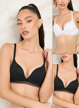 Pack of 2 -Cotton Padded Non Wired Burnout Elastic Trim Ribbed Plunge Bra 